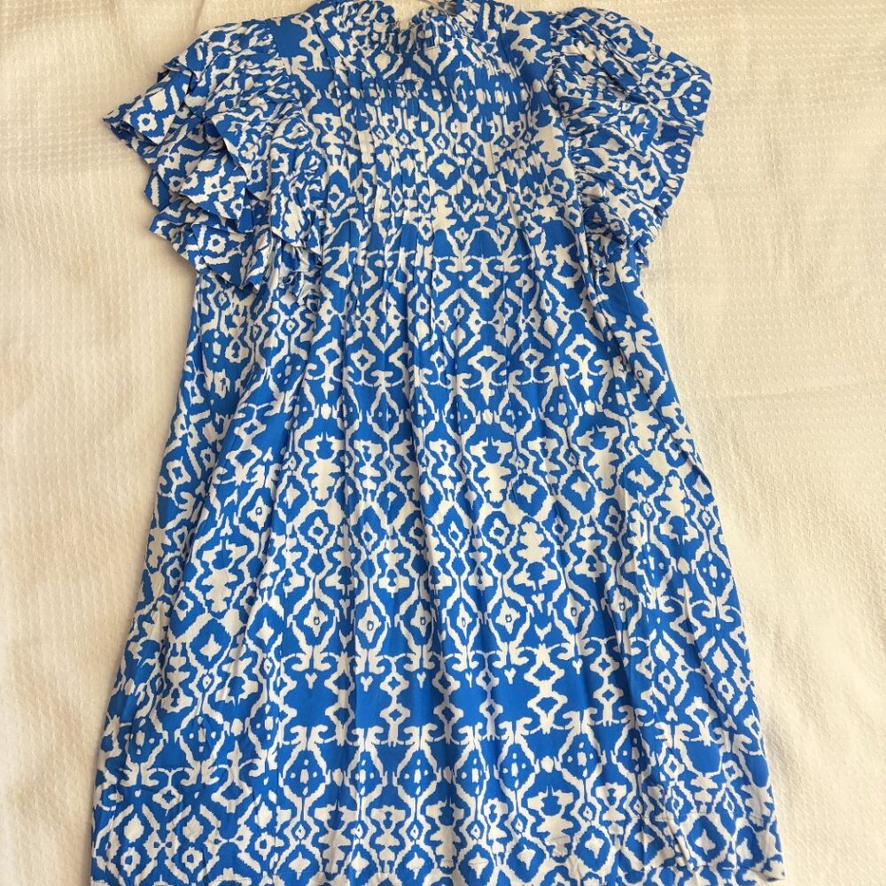 Blue & White Geo Ruffle Sleeve Simmons Mini Dress - HYACINTH HOUSE